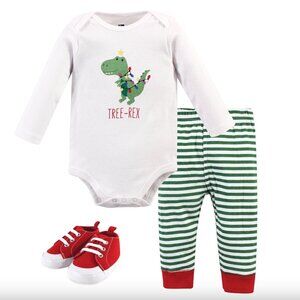 HUDSON BABY BODY SUIT, STRIPED LEGGINGS, RED SHOES, “TREE REX” DINO 🦖 SUPER CUTE